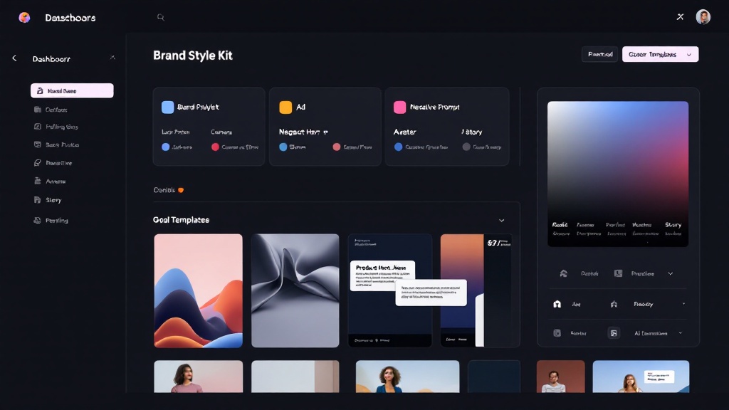 SaaS-style interface depicting a brand style kit, base and negative prompt fields, and goal templates producing consistent AI image variations.