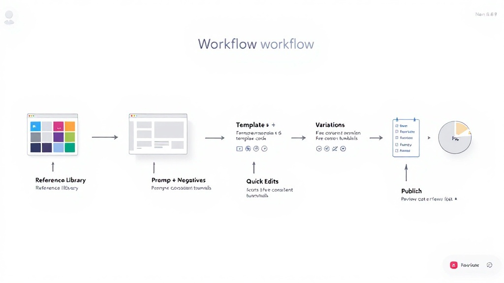 Diagram showing a reference library feeding templates and prompts, generating variations, applying quick edits, passing a review checklist, and publishing to channels.
