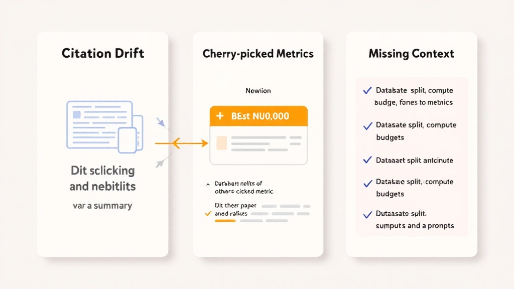 Infographic showing three summary failure modes: citation drift, cherry-picked metrics, and missing experimental context.