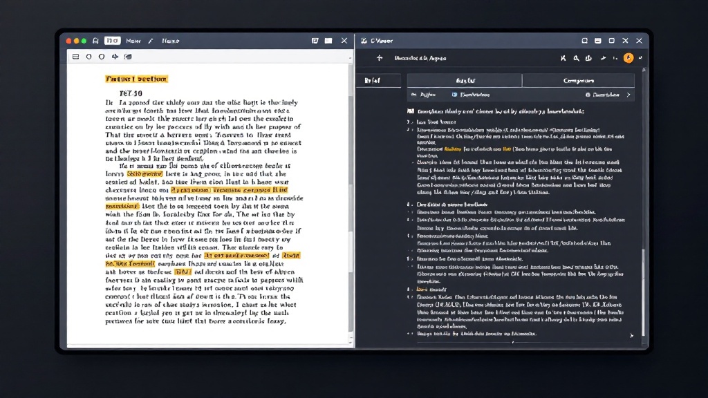Interface mockup showing a paper PDF with highlights alongside a structured brief with tables and clickable page-level citations.