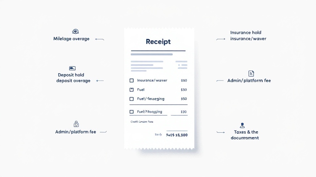 Infographic receipt showing common rental line items including mileage overage, deposit hold, insurance, fuel policy charges, admin fees, and taxes.