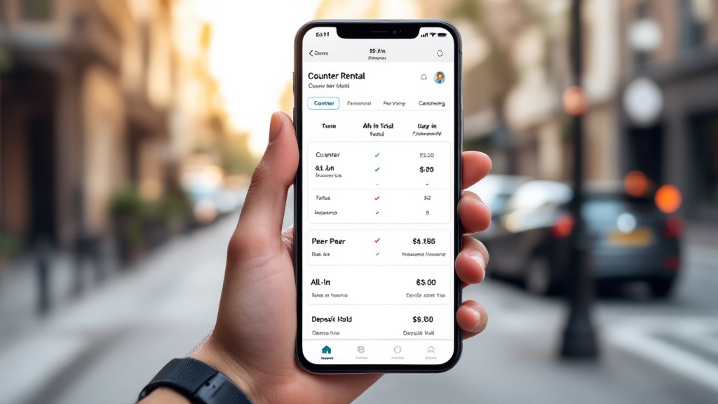 Smartphone screen showing an all-in cost comparison across counter rental, peer-to-peer, and carsharing options with line-item breakdowns and deposit holds.