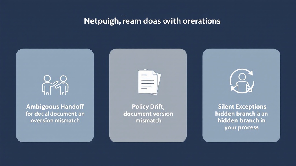 Three-panel graphic depicting ambiguous handoffs, policy drift between versions, and hidden exceptions branching off a process.
