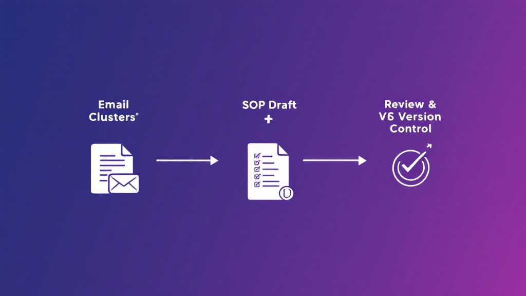 Diagram showing a pipeline from clustered email threads to SOP drafting and then review with version control.