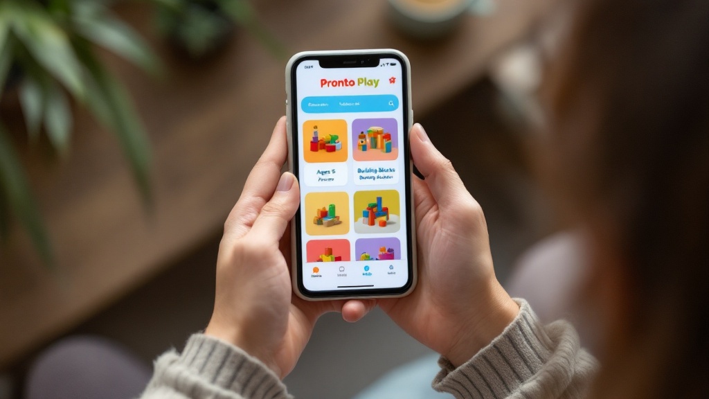 A smartphone screen displaying a user-friendly toy delivery app with filters for age and category.