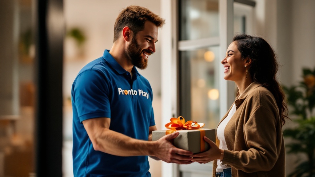 A smiling parent receives a perfectly gift-wrapped package from a friendly courier at their front door.