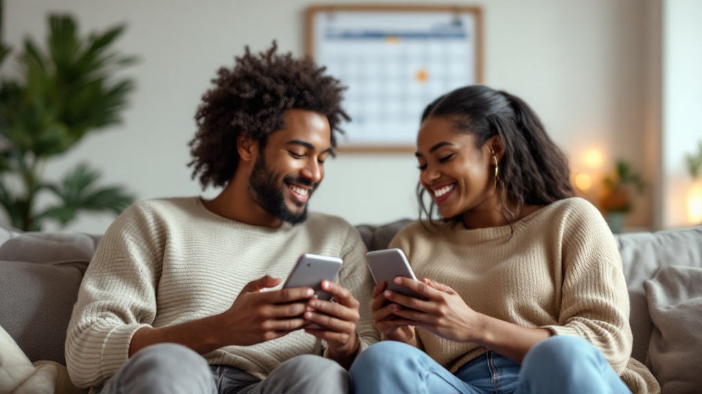 Two partners sitting together using their phones to complete a brief relationship check-in, with a calendar in the background.