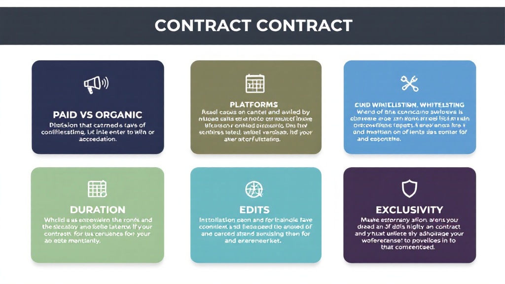Infographic with six usage-rights clauses for UGC licensing: paid vs organic, platforms, duration, whitelisting, edits, and exclusivity.