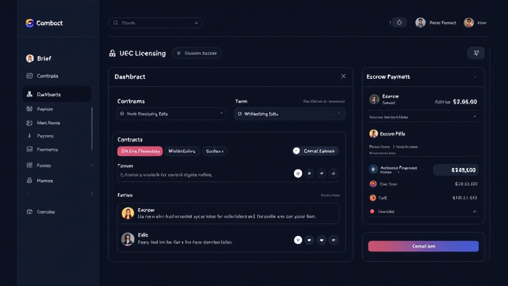 Dashboard view showing UGC brief, licensing fields, and escrow milestones for ad usage rights management.
