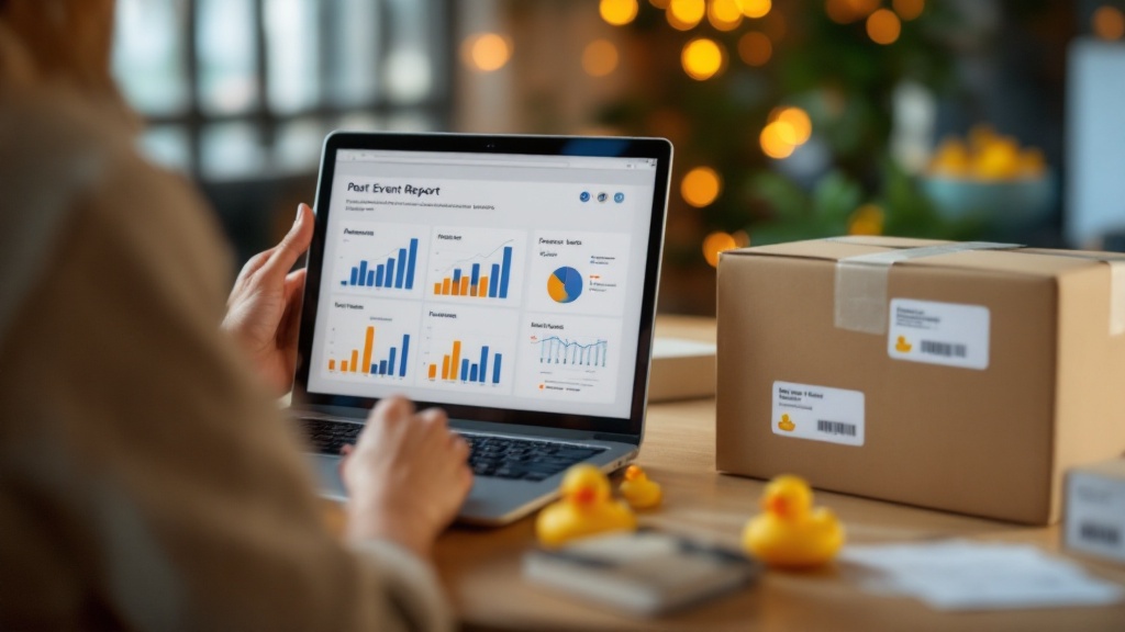 Event planner reviewing a post-event report on a laptop beside boxed party favors and shipping labels.