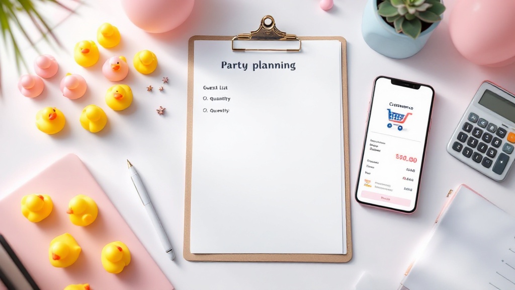 Flat-lay of a guest list and calculator beside grouped party favors and a phone showing an online cart.