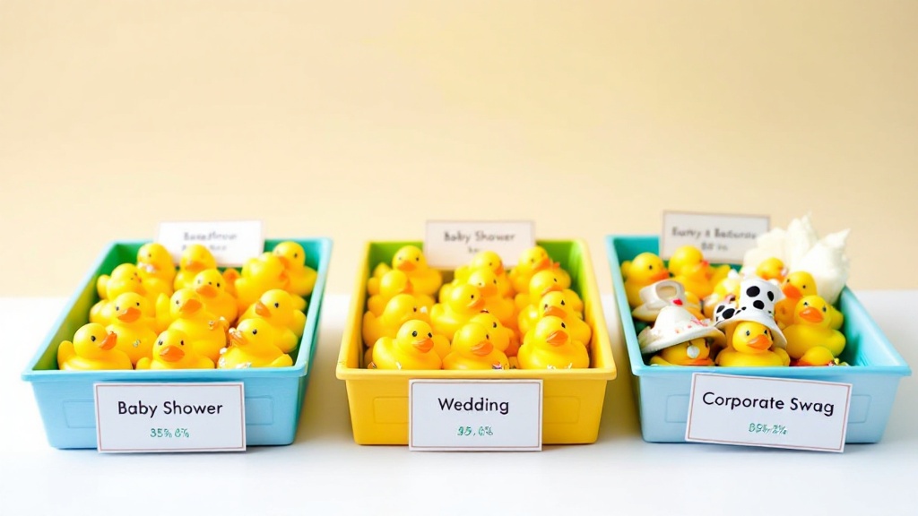 Three labeled trays of themed rubber ducks with cards showing baseline and buffer percentages for different event types.