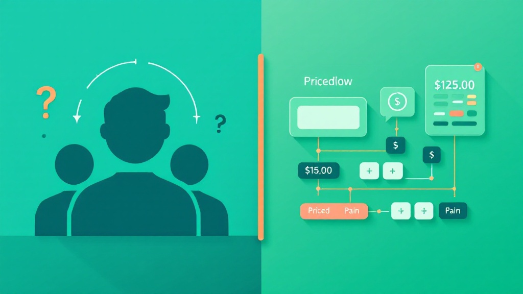 Split illustration showing an unclear buyer represented by a crowd with a question mark and priced pain represented by a calculator and dollar symbols.