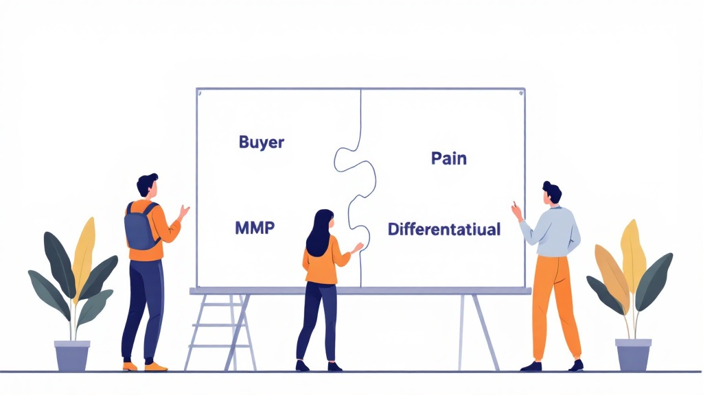 Startup team looking at a roadmap with four missing puzzle pieces labeled Buyer, Pain, MVP, and Differentiation.