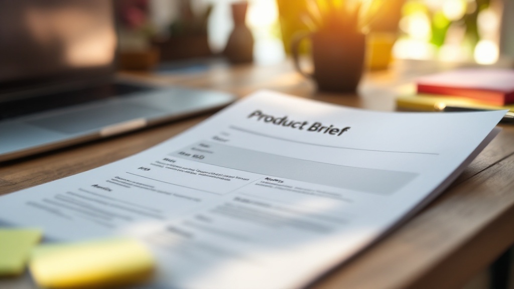One-page product brief on a desk labeled Buyer, Pain, MVP Scope, Differentiation, and Metrics beside a laptop and notes.