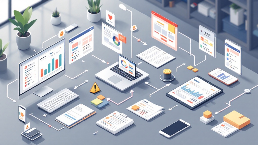 Isometric illustration of disconnected CRM, project tracking, invoicing, and spreadsheet tools with broken data flows between them.