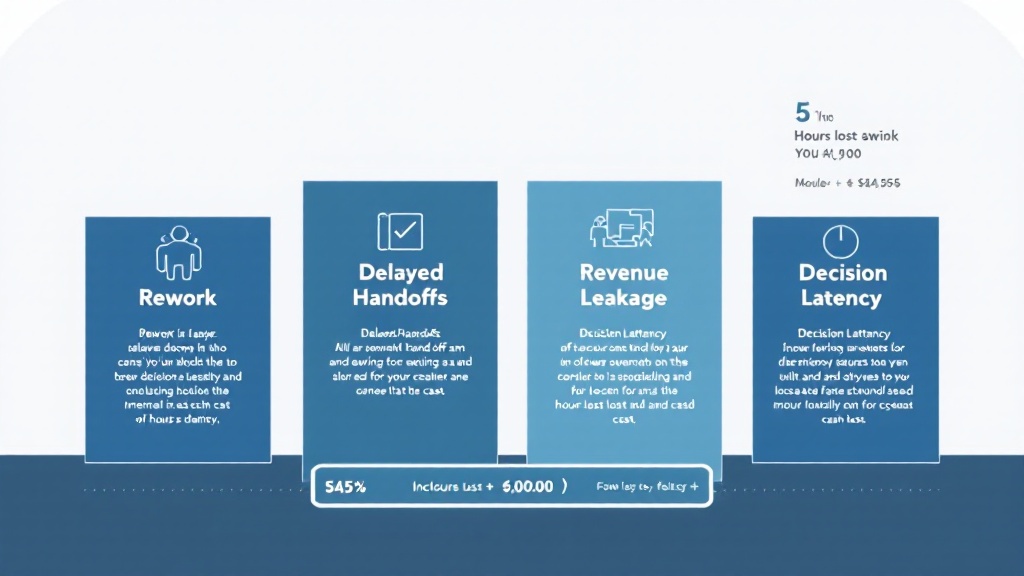 Infographic showing rework, delayed handoffs, revenue leakage, and decision latency with a simple ops-drag calculation.