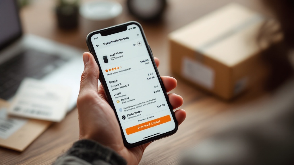 Photo-style image of a smartphone marketplace listing with condition grade, battery health, verified identifier badge, pricing guidance, and a shipping label beside a packaged device.