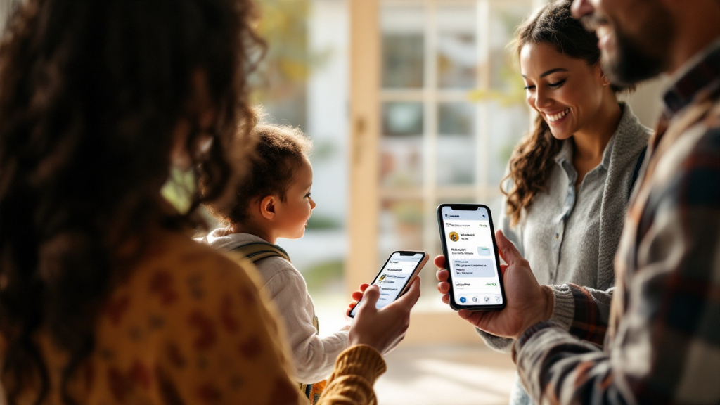 At a home entryway, caregivers coordinate a child handoff while viewing a shared schedule event and care card on a smartphone.