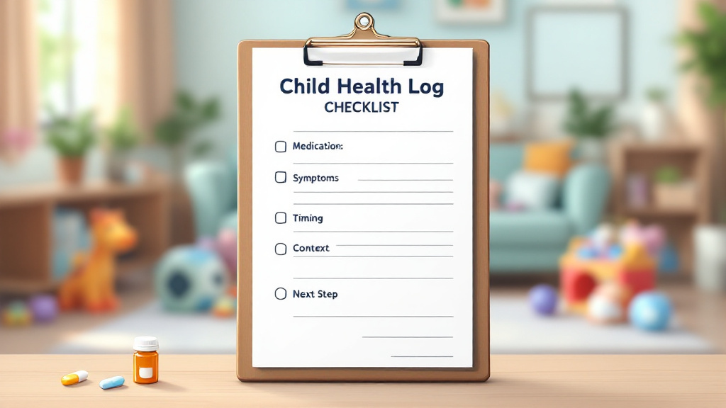 Checklist graphic showing fields to record for child health logs: medication details, symptoms, timing, context, and next steps.