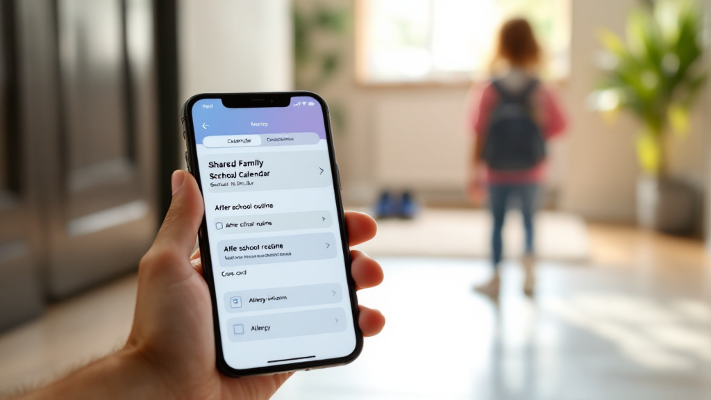Phone showing a shared calendar event assigned for school pickup, an after-school checklist, and an allergy care card in a calm home setting.