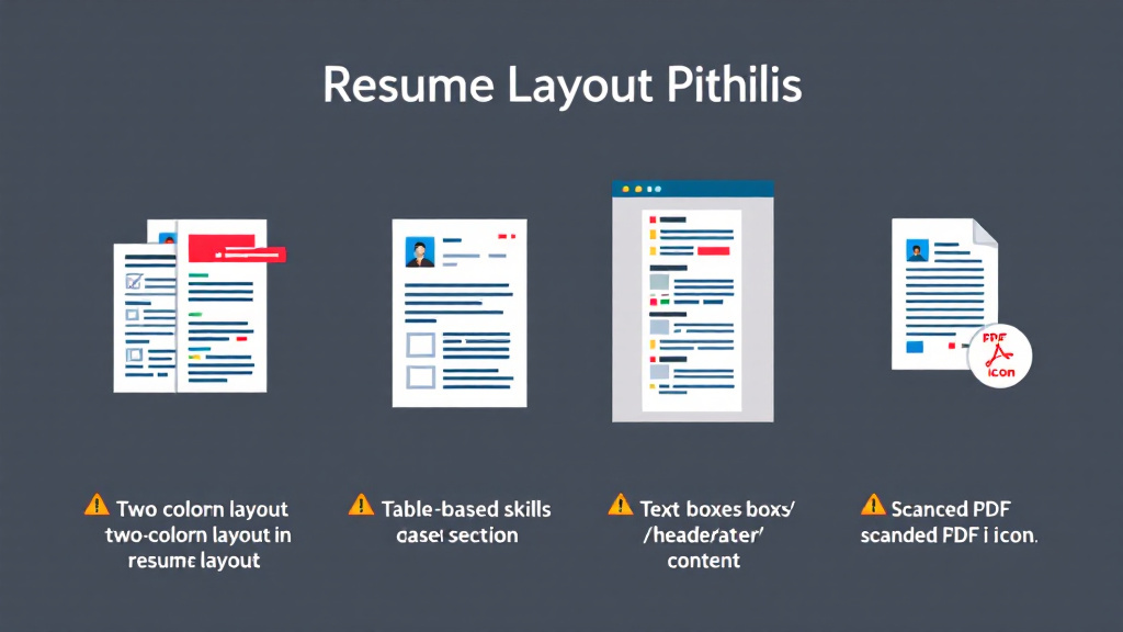 Infographic showing resume columns, tables, text boxes, and scanned PDFs as frequent causes of ATS parsing problems.