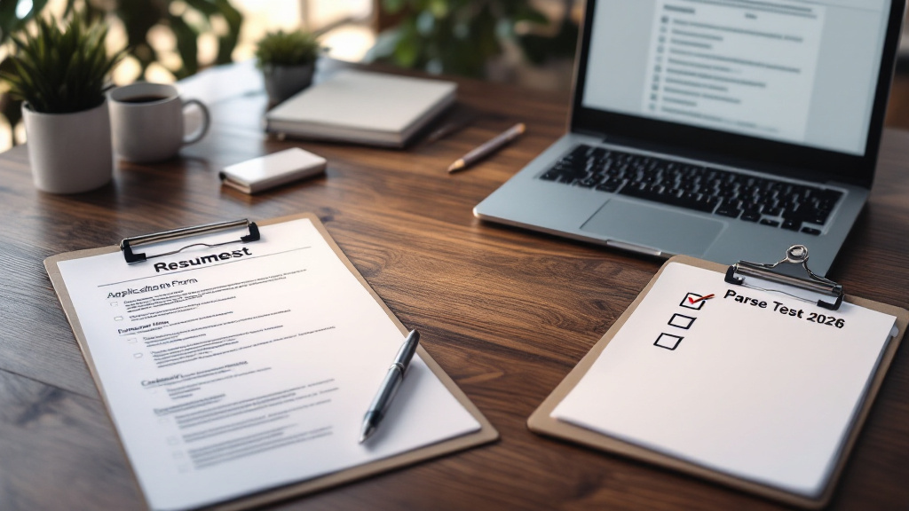Desk scene with a resume, laptop displaying an application form, and a 'Parse Test 2026' checklist for ATS readiness.