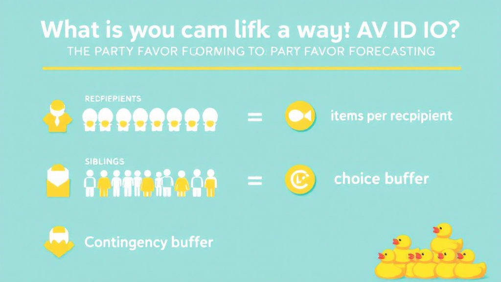 Infographic with a formula for party favor quantities showing recipients, items per recipient, and buffers with icons for kids, siblings, and volunteers.