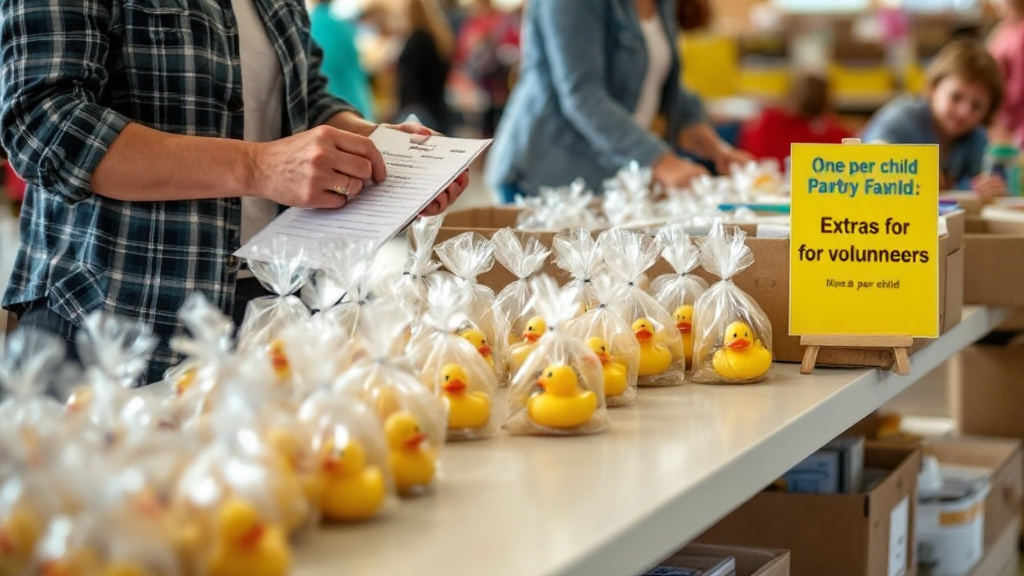 Volunteer at a community event hands out pre-bagged rubber duck party favors at a table with 'One per child' signage and backup boxes underneath.