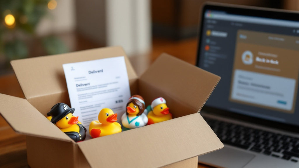Delivered box of assorted themed rubber ducks with a visible tracking confirmation and a back-in-stock email on a screen.