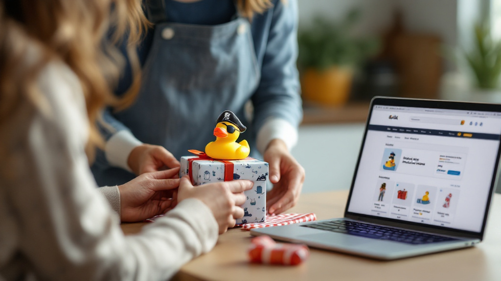 Parent wrapping a pirate-themed rubber duck gift while browsing themed search results and filters on a laptop.