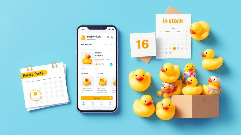 Phone displaying themed product filters and in-stock status beside a calendar deadline, shipping labels, and a bundle of rubber ducks.