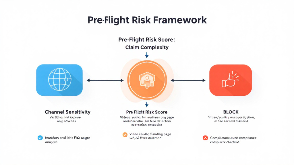 Infographic showing channel, vertical, and claim-type inputs producing a pre-flight risk score and SHIP/FIX/BLOCK outcomes.