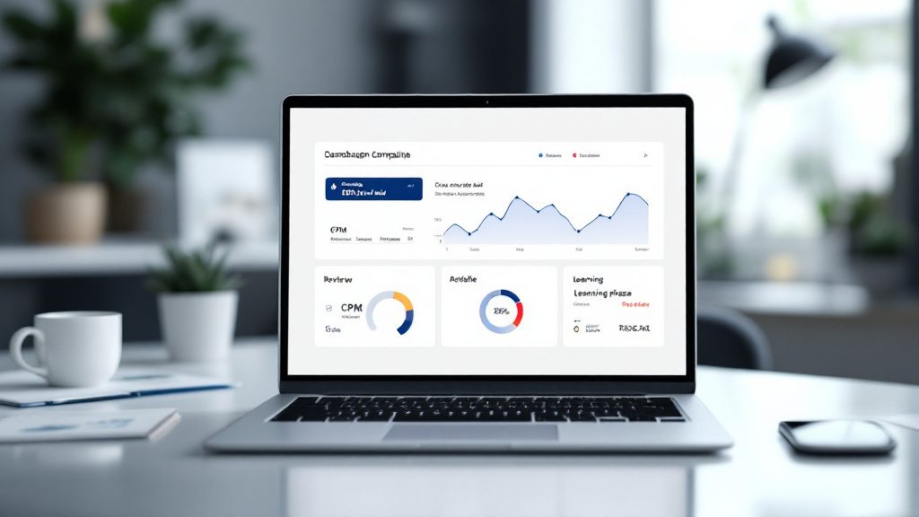 Dashboard showing campaign review delays, rising CPM chart, and a learning phase reset indicator alongside compliance and trust cues.