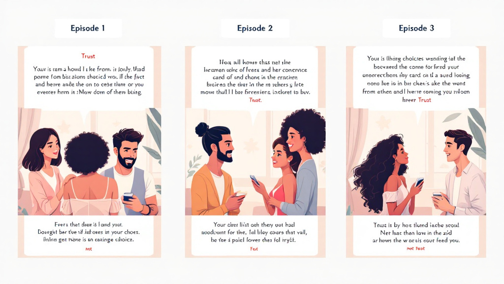 Storyboard-style illustration of three romance IF episodes with dialogue choices and a subtle trust indicator showing emotional progression.