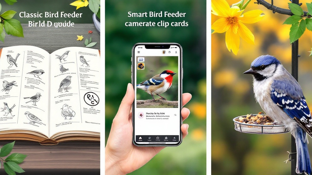 Split illustration showing a field guide, a bird ID app on a phone, a smart feeder camera highlight card, and community verification icons.