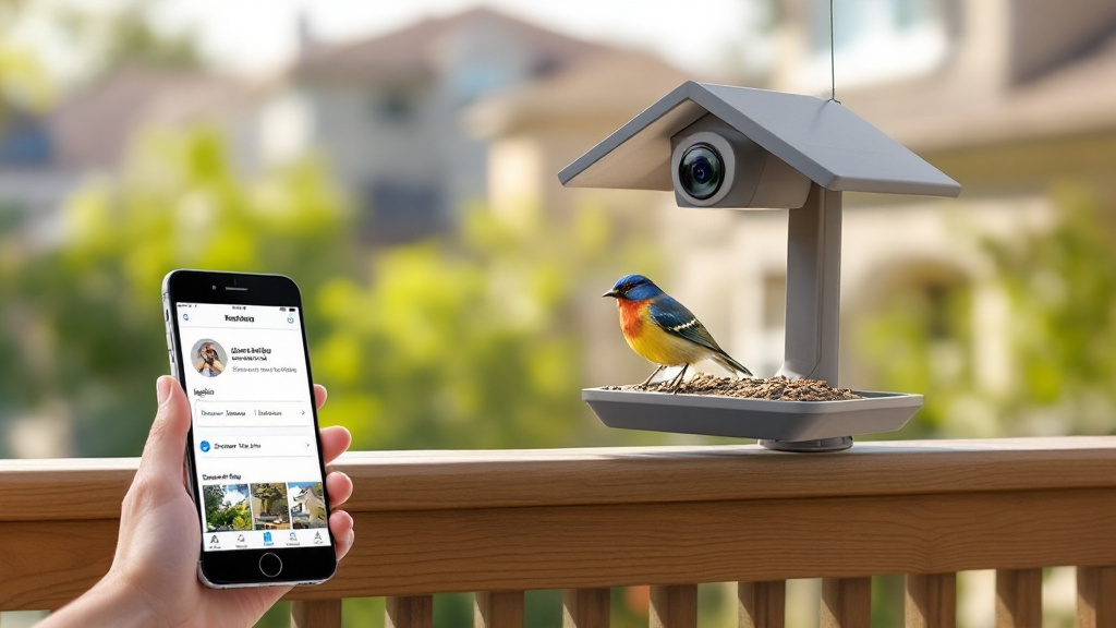 Smart bird feeder with a camera on a deck railing, a phone showing a species-labeled highlight notification, and a songbird perched on the feeder.