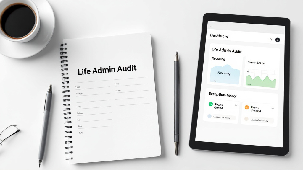A notebook labeled 'Life Admin Audit' with tracking columns next to a tablet showing task categories for recurring, event-driven, and exception-heavy tasks.