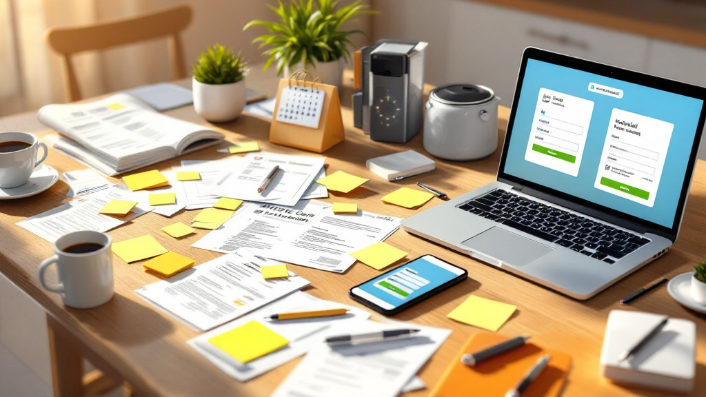 A kitchen table with scattered bills, forms, a calendar, and devices showing notifications and portal logins, illustrating fragmented household administration.