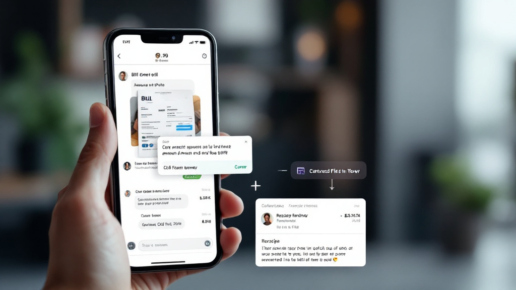 A smartphone messaging thread showing a forwarded bill, extracted due date and amount, a payment approval prompt, a scheduled reminder, and a saved receipt.