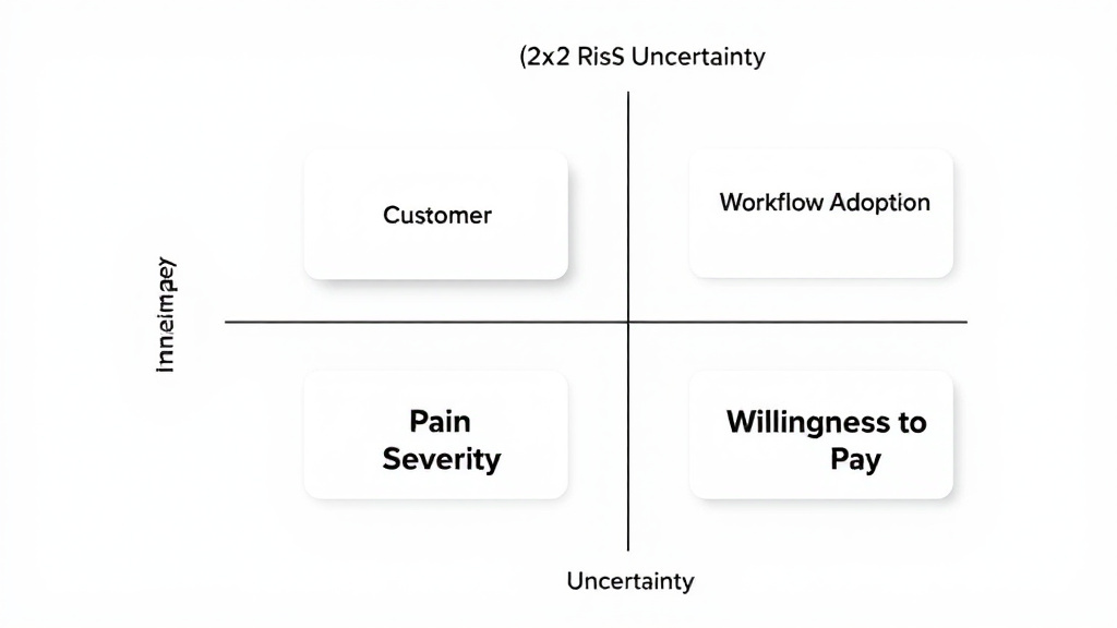 Risk matrix plotting customer, pain severity, workflow adoption, and willingness to pay by impact and uncertainty.