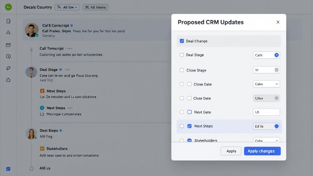 SaaS interface showing a call transcript next to a panel of proposed CRM field updates with checkboxes and an Apply changes button.