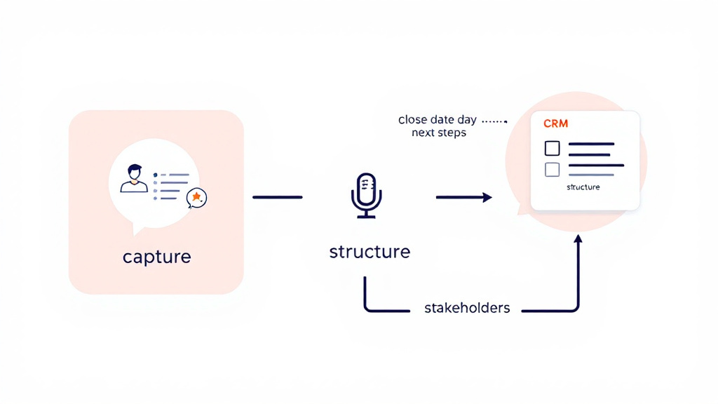 Minimalist diagram showing a conversation and voice note feeding structured fields into a CRM record, including stage, close date, next steps, and stakeholders.