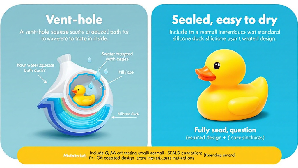 Comparison of a hole-bottom squeeze bath toy that traps water versus a sealed silicone duck, with a card listing questions to ask sellers.