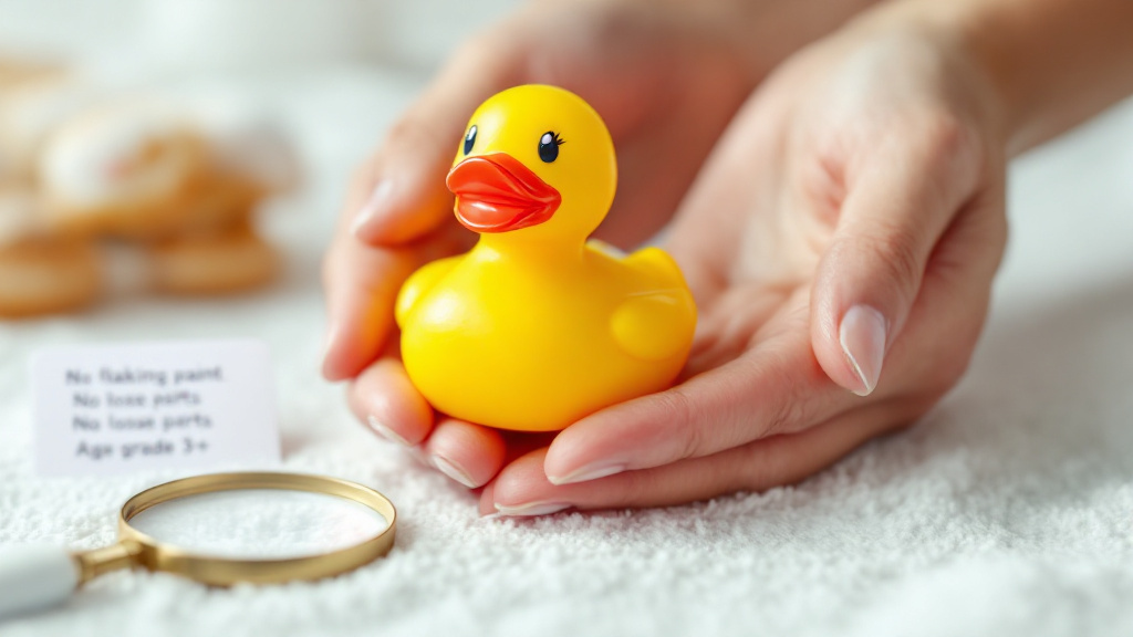 Adult hands inspecting a rubber duck’s seam and painted details with a magnifying glass and a checklist for flaking paint and loose parts.