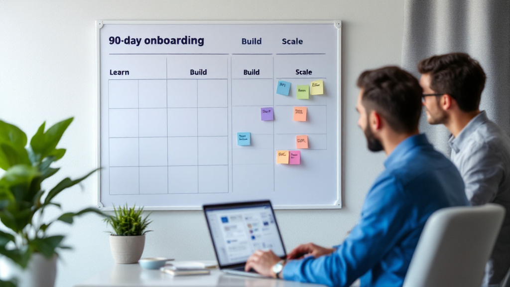 Founder and general manager reviewing a 90-day onboarding roadmap with KPIs, hiring milestones, and operating cadence next to a dashboard.