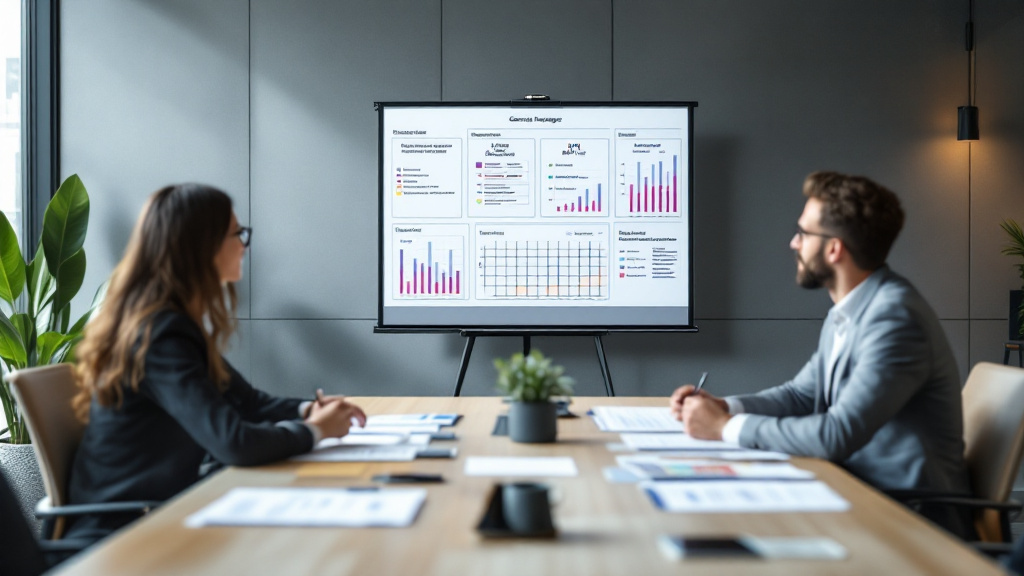 General manager candidate presenting a KPI dashboard and decision-rights plan to a hiring panel in a boardroom.