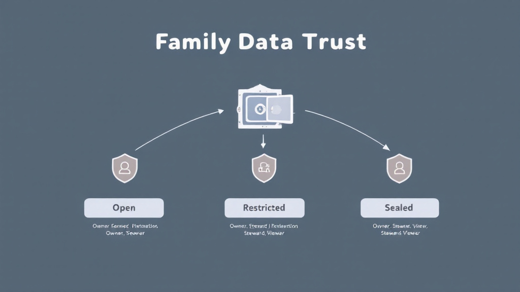 Diagram showing a vault connected to three access tiers and user roles for governing family memory access.