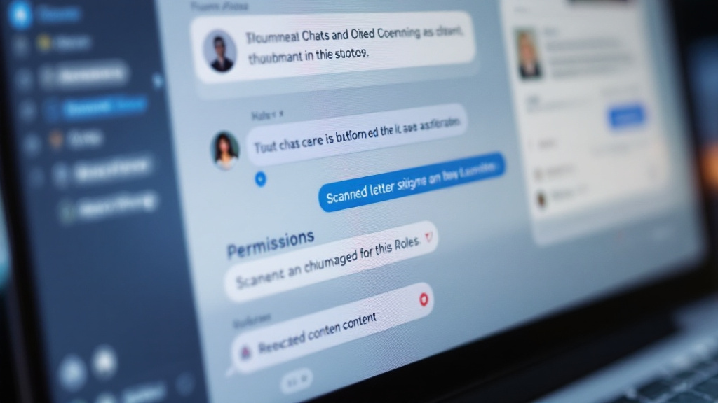 Chat interface showing an assistant answer with linked photo, chat excerpt, and letter scan, plus a permissions panel indicating redacted access for some users.