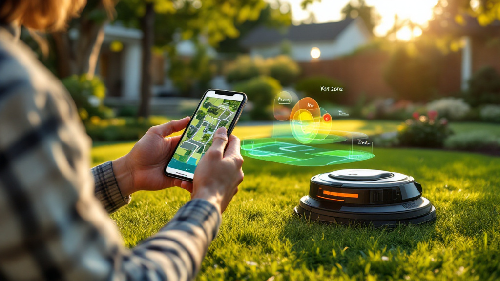 Homeowner walking a backyard with a phone while a robotic mower and an on-screen map overlay show zones and a no-go garden bed.
